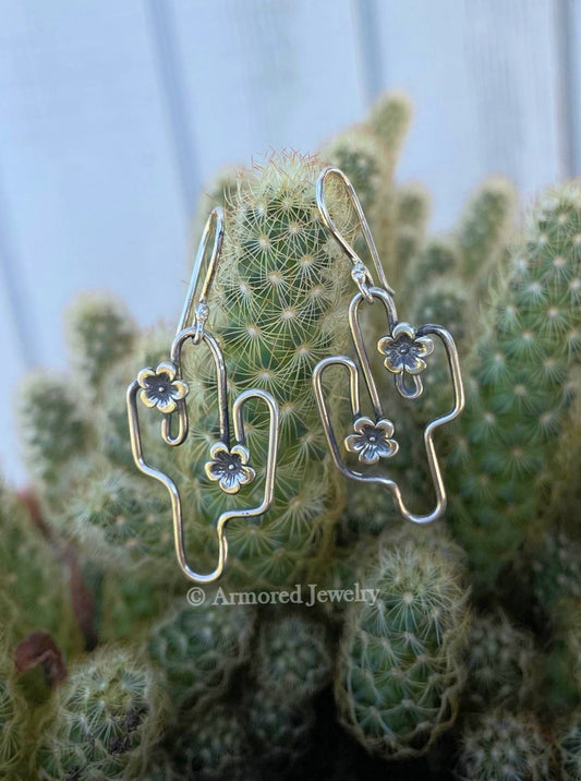 Sterling Silver Blooming Saguaro Cactus Outline Earrings