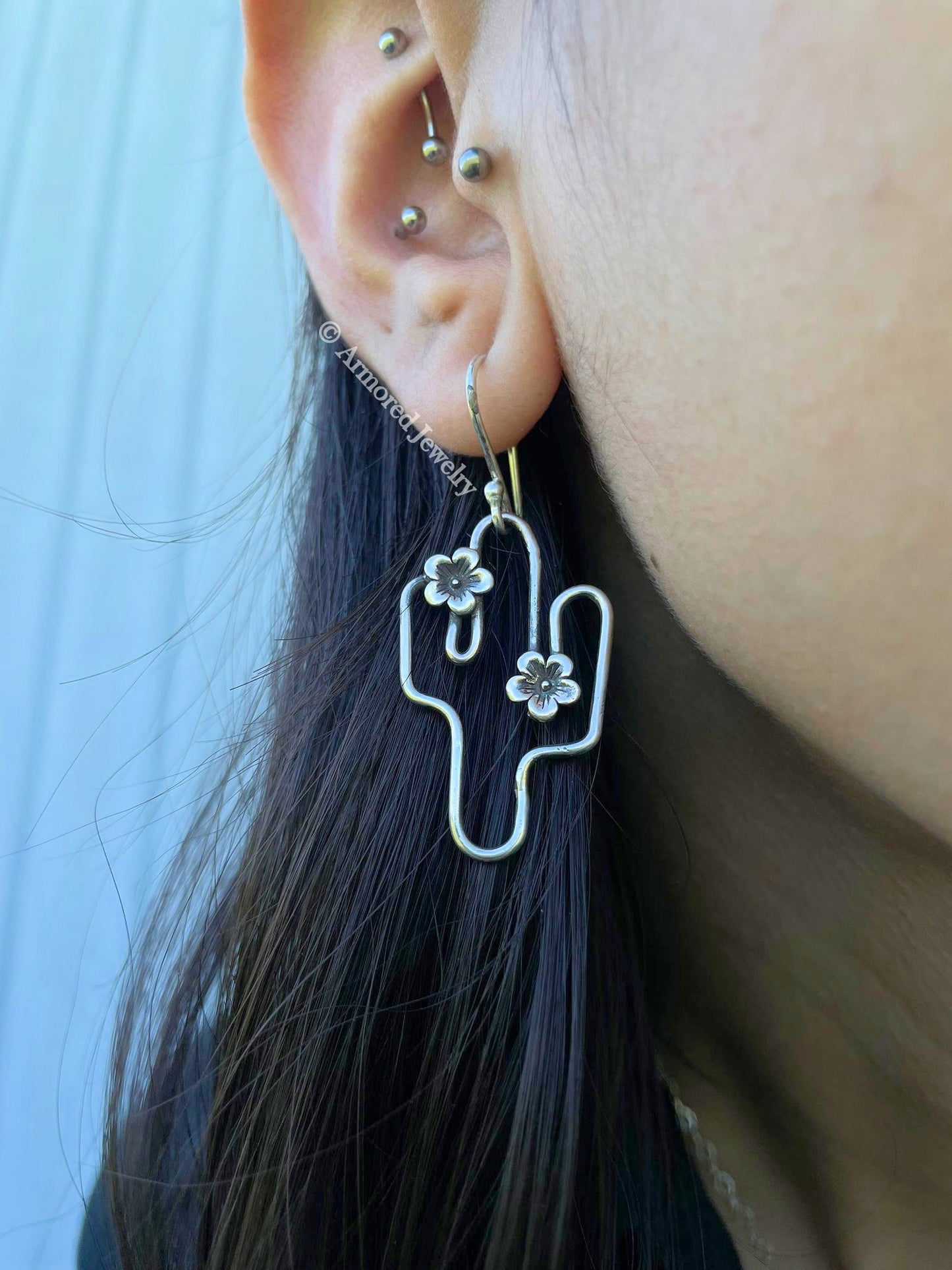 Sterling Silver Blooming Saguaro Cactus Outline Earrings