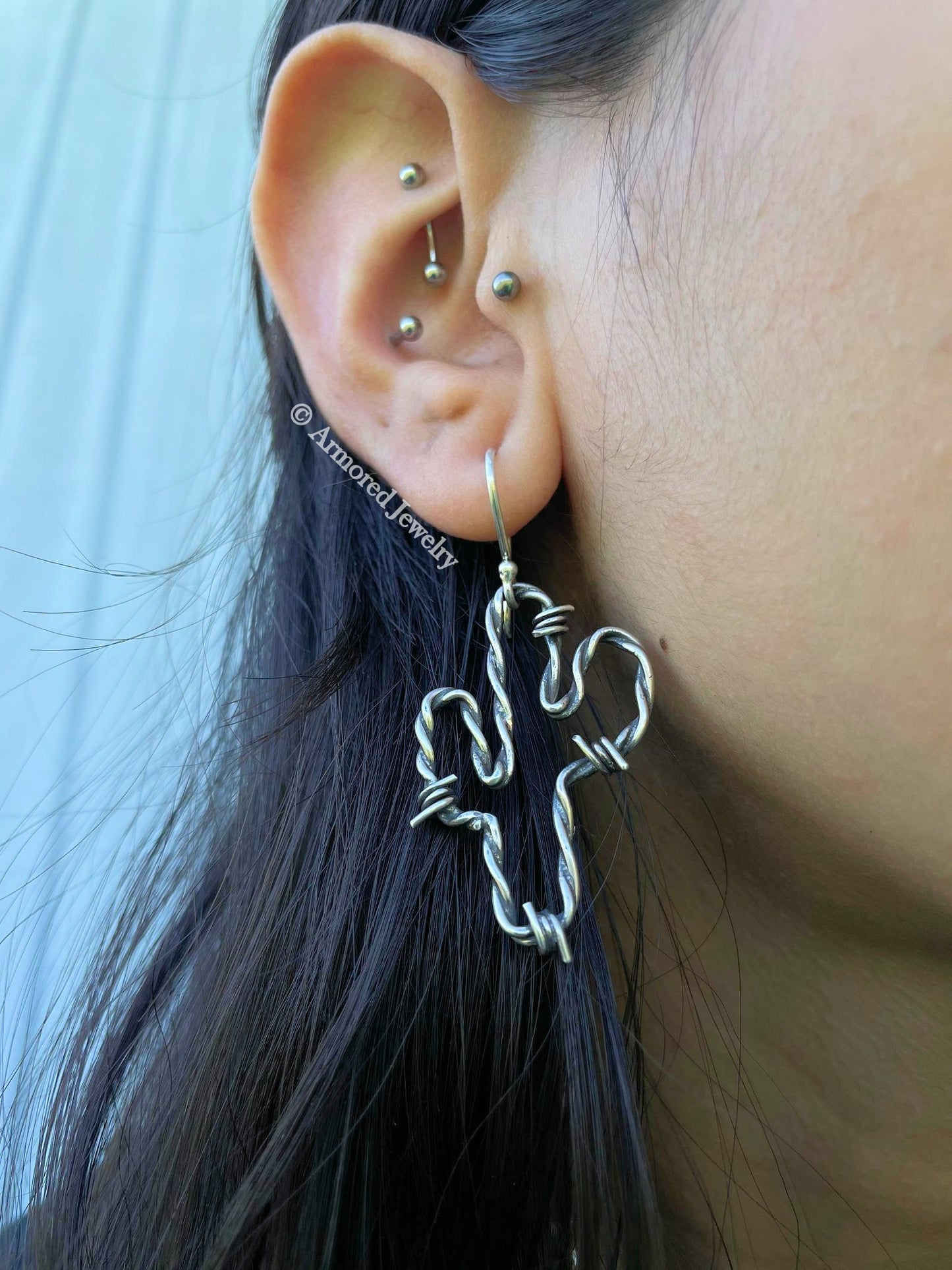 Sterling Silver Saguaro Cactus Barbed Wire Earrings