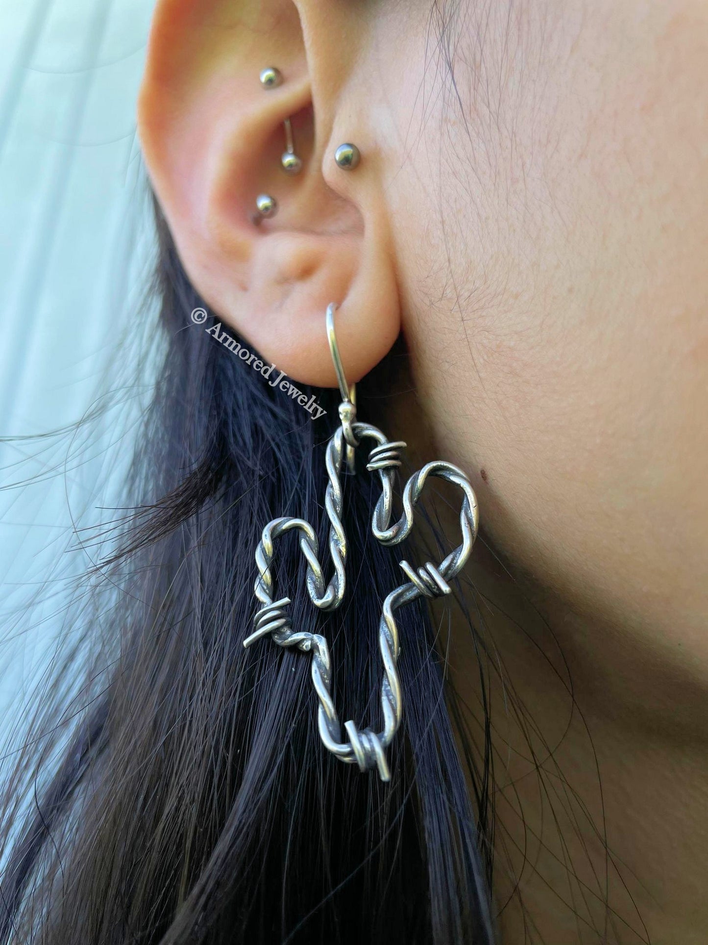 Sterling Silver Saguaro Cactus Barbed Wire Earrings