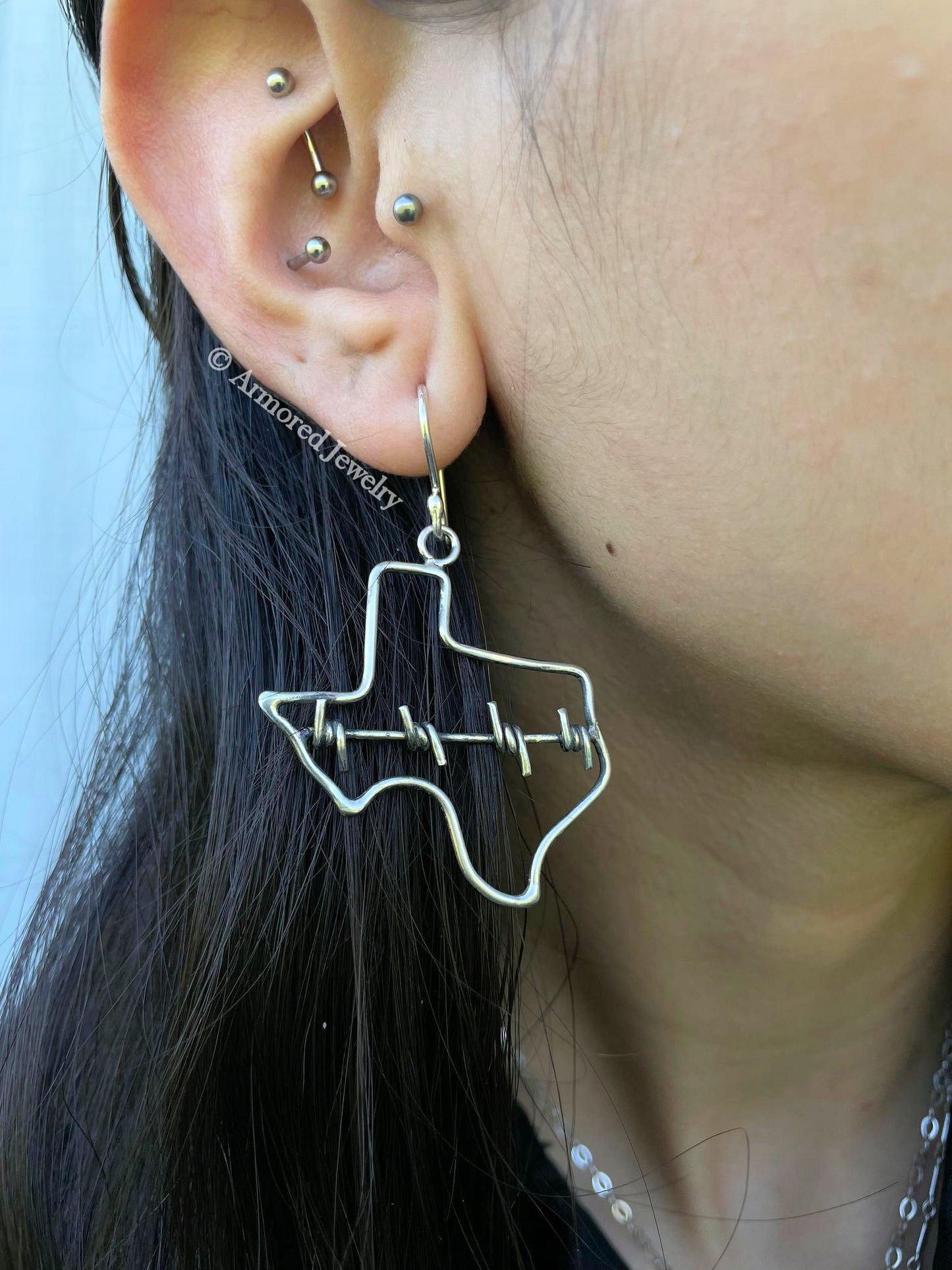 Sterling Silver Texas Outline Barbed Wire Earrings