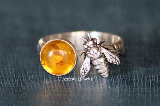 Sterling Silver Honey Bee Amber Ring