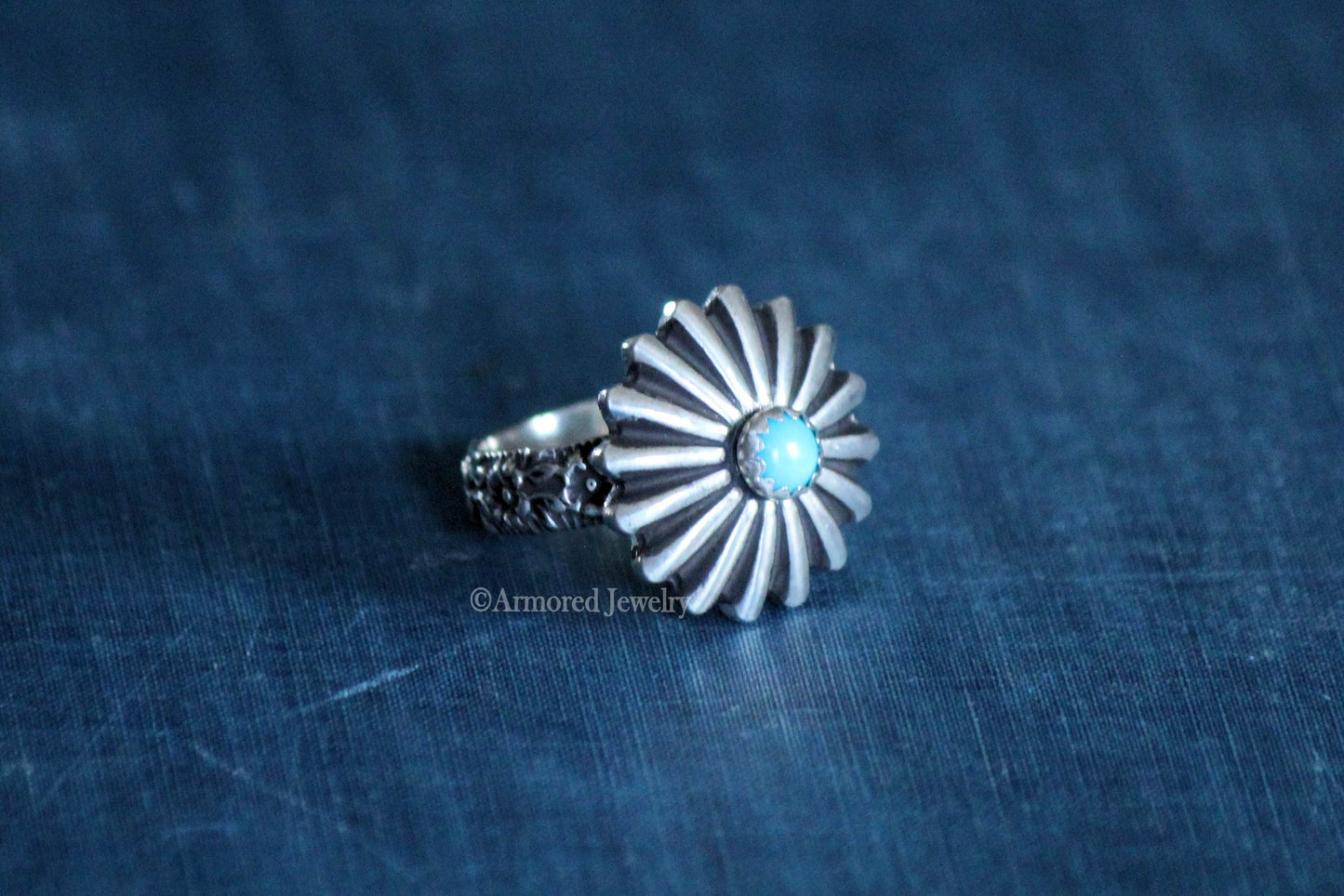 Sterling Silver Flower Turquoise Concho Ring