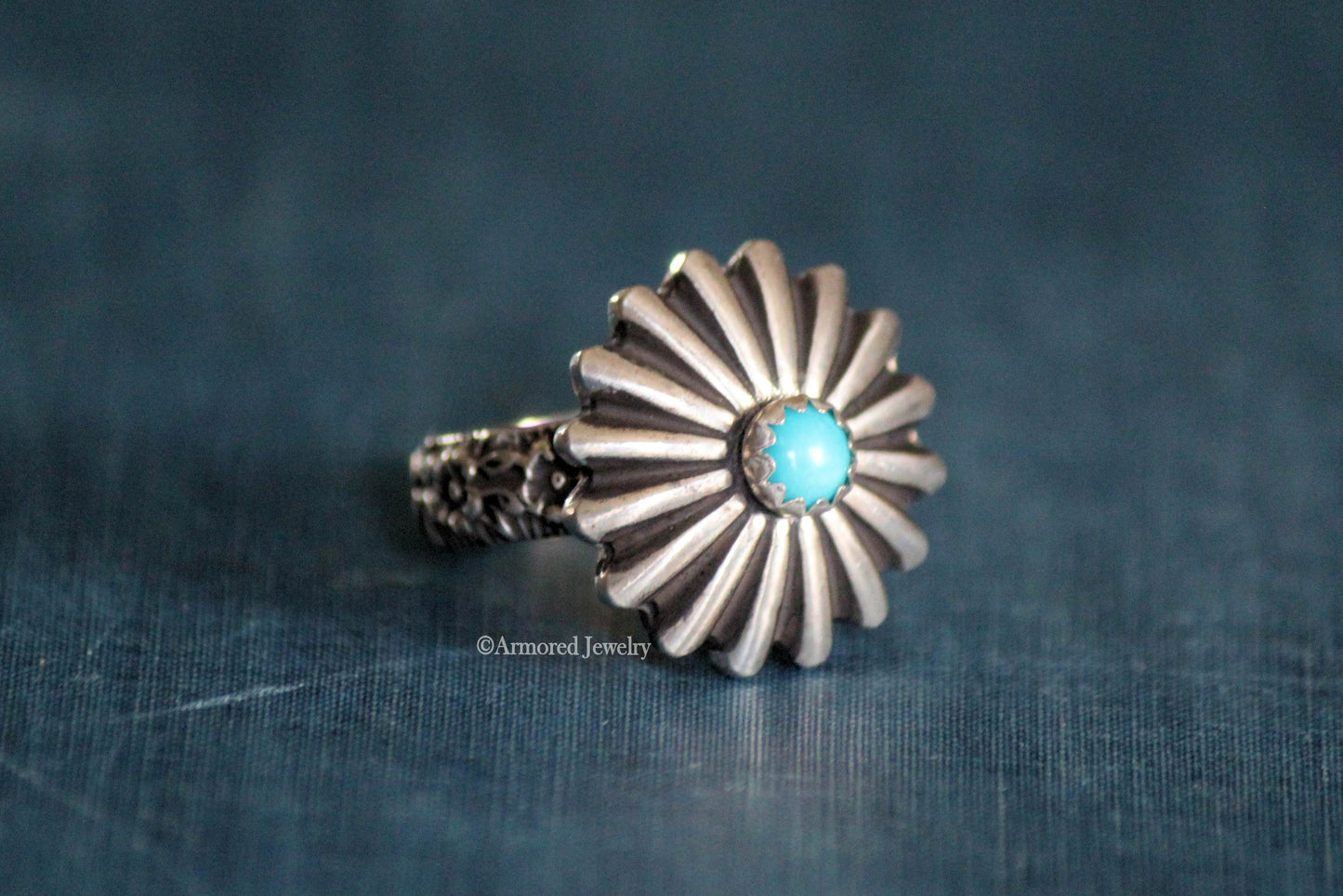 Sterling Silver Flower Turquoise Concho Ring