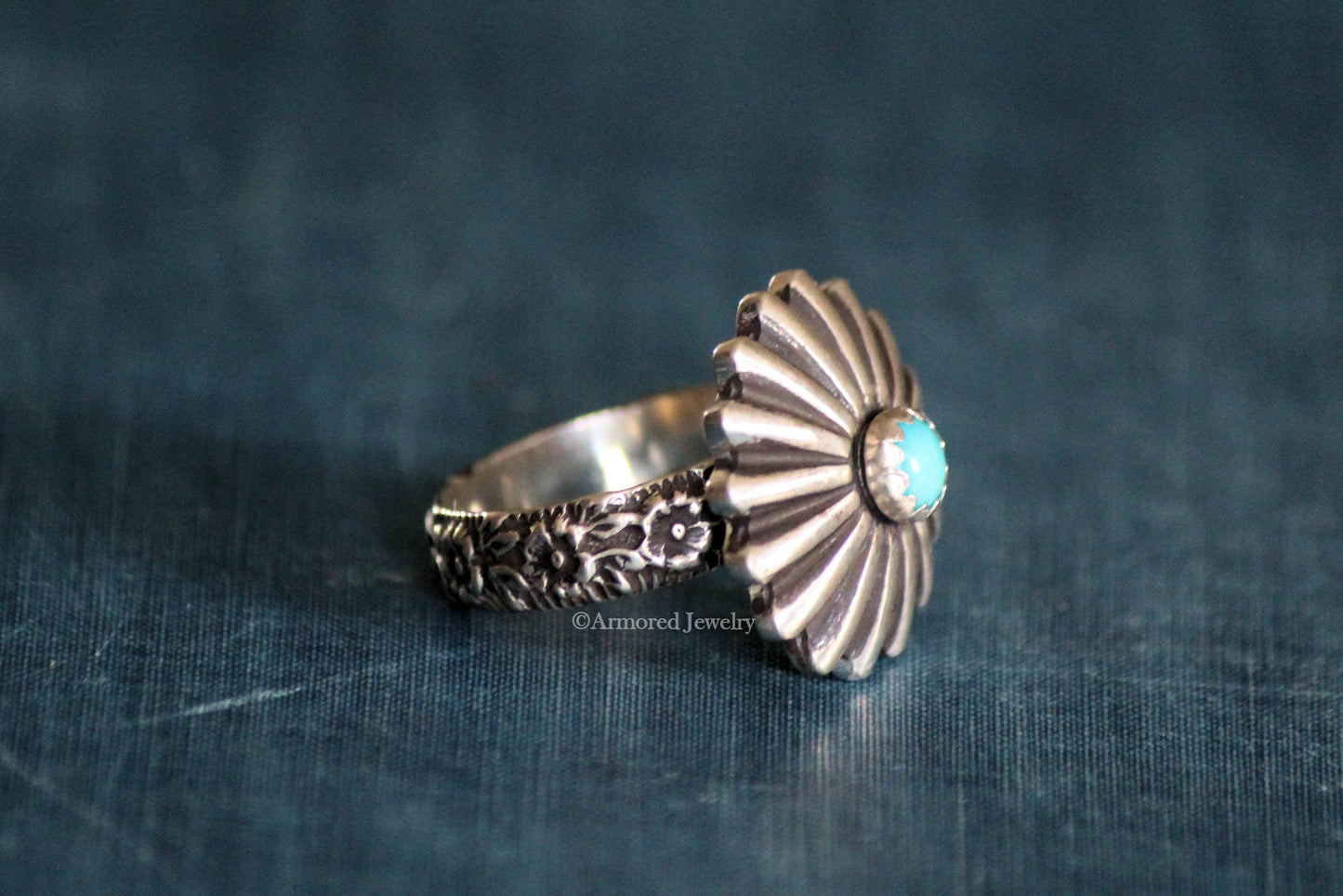 Sterling Silver Flower Turquoise Concho Ring