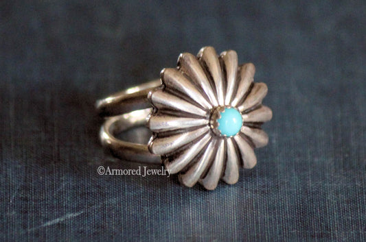 Sterling Silver Double Band Flower Turquoise Concho Ring