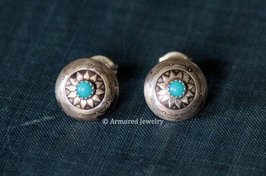 Sterling Silver Tiny Round Concho & Turquoise Stud Earrings