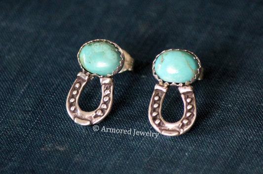 Sterling Silver Tiny Horseshoe & Turquoise Stud Earrings