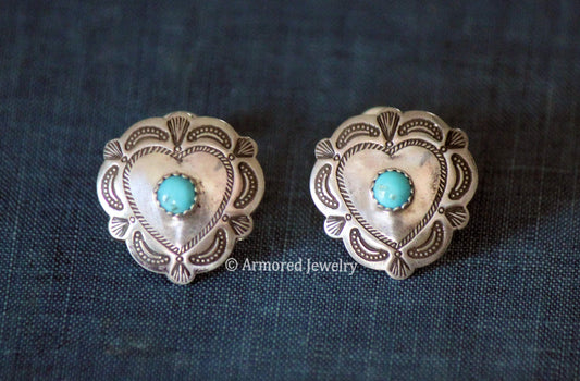 Sterling Silver Heart Concho & Turquoise Stud Earrings