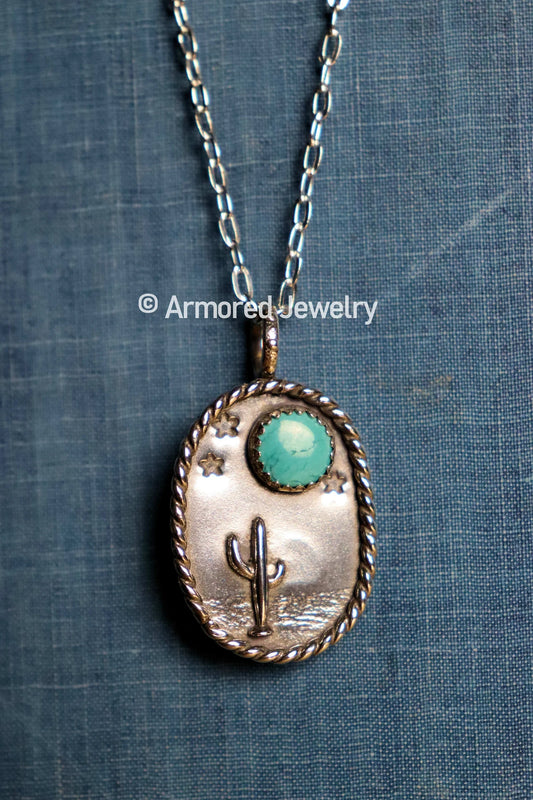 Sterling Silver Cactus & Turquoise Desert Landscape Pendant