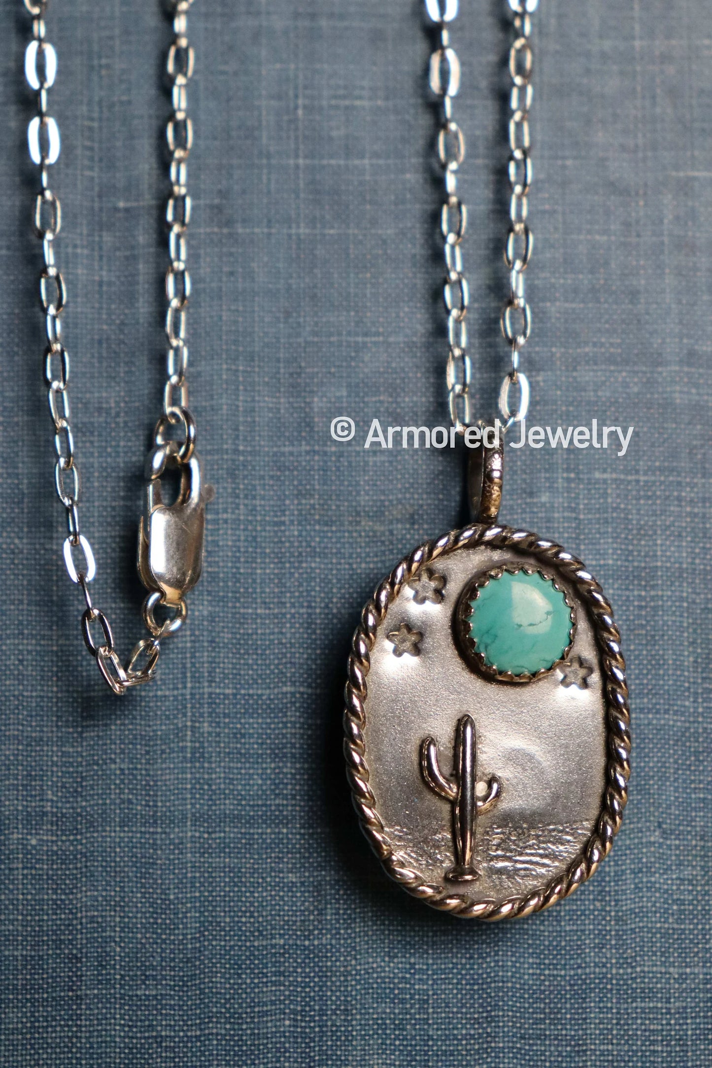 Sterling Silver Cactus & Turquoise Desert Landscape Pendant