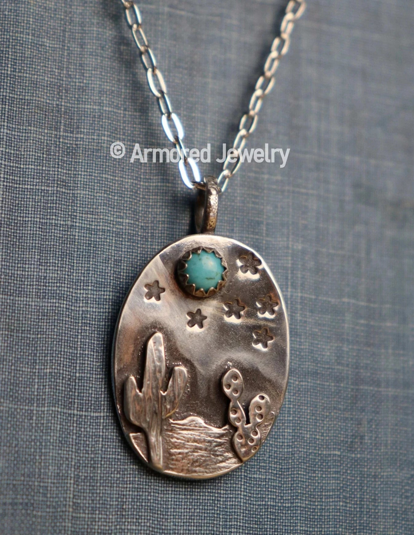 Sterling Silver Cactus & Turquoise Desert Landscape Pendant