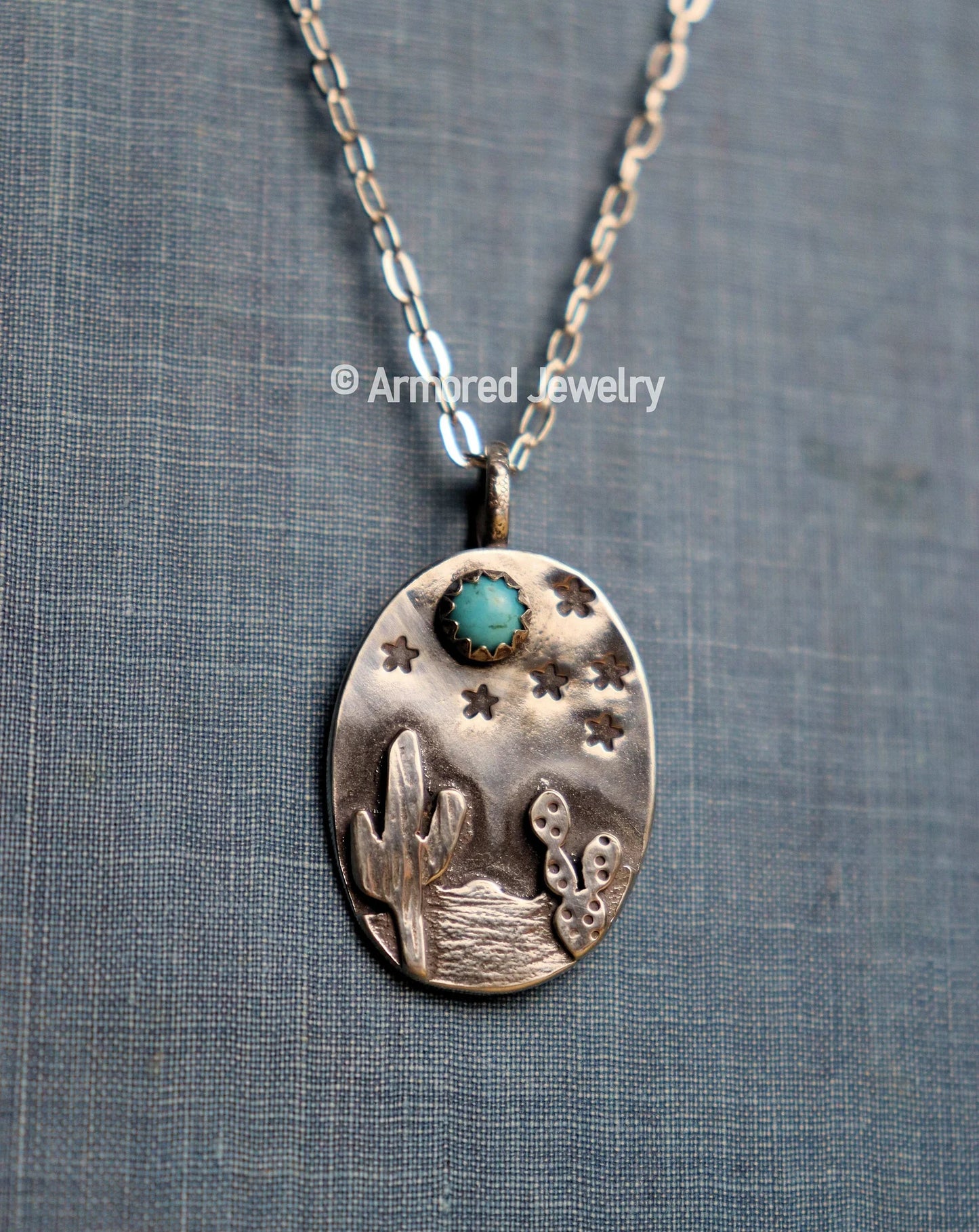 Sterling Silver Cactus & Turquoise Desert Landscape Pendant