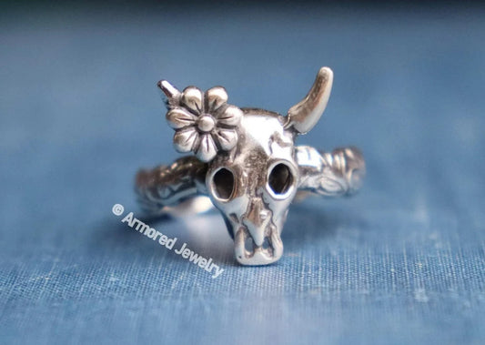 Sterling Silver Floral Longhorn Steer Ring