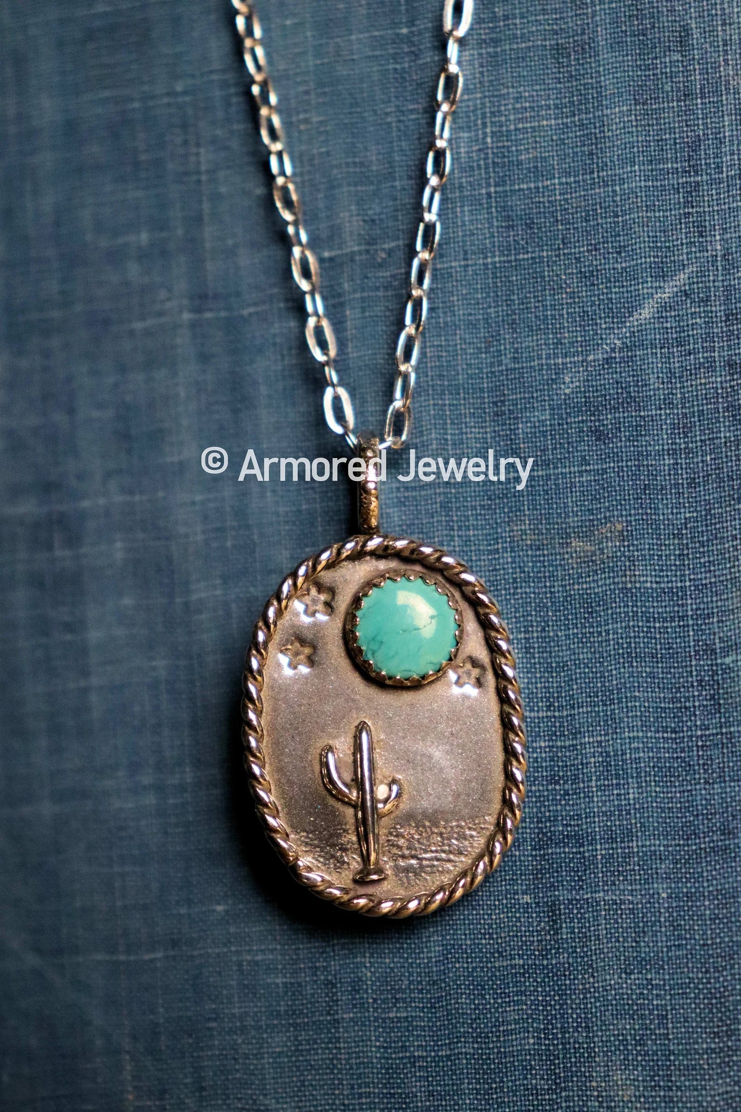 Sterling Silver Cactus & Turquoise Desert Landscape Pendant