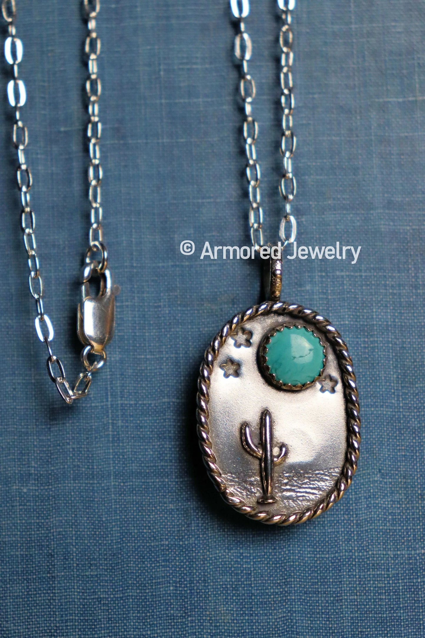 Sterling Silver Cactus & Turquoise Desert Landscape Pendant