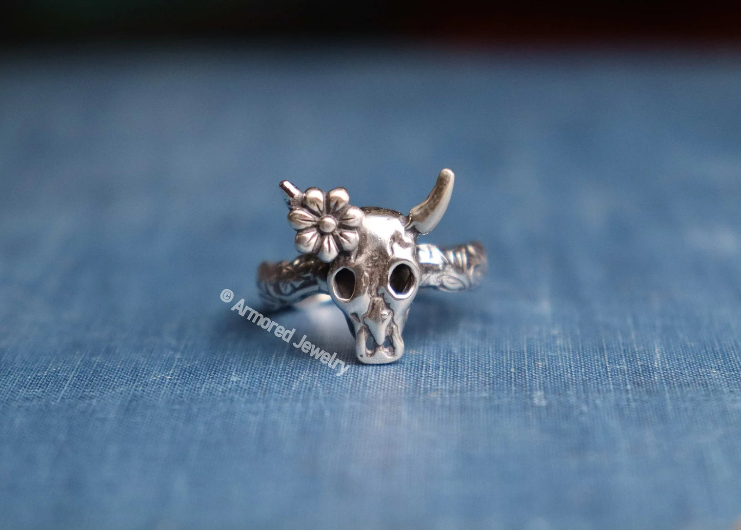 Sterling Silver Floral Longhorn Steer Ring