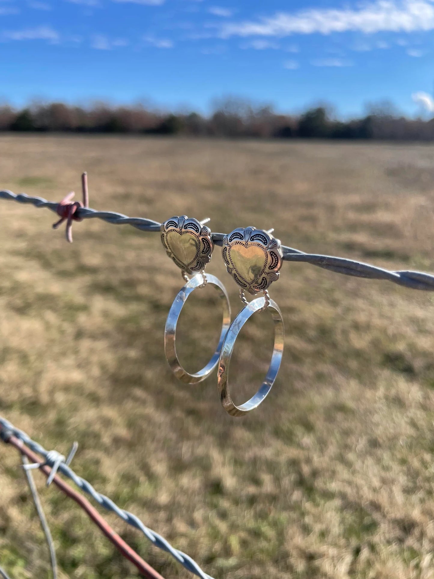 Sterling Silver Heart Concho Dangle Earrings