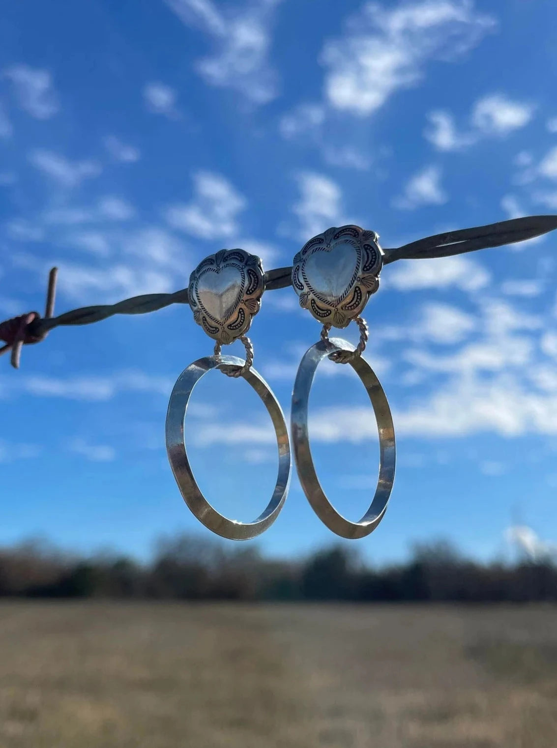 Sterling Silver Heart Concho Dangle Earrings