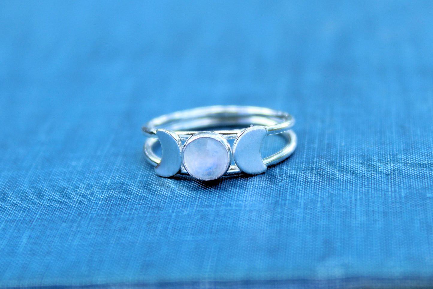 Sterling Silver Double Band Rainbow Moonstone Triple Goddess Ring