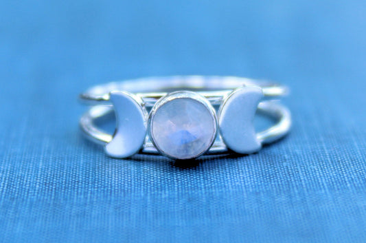 Sterling Silver Double Band Rainbow Moonstone Triple Goddess Ring