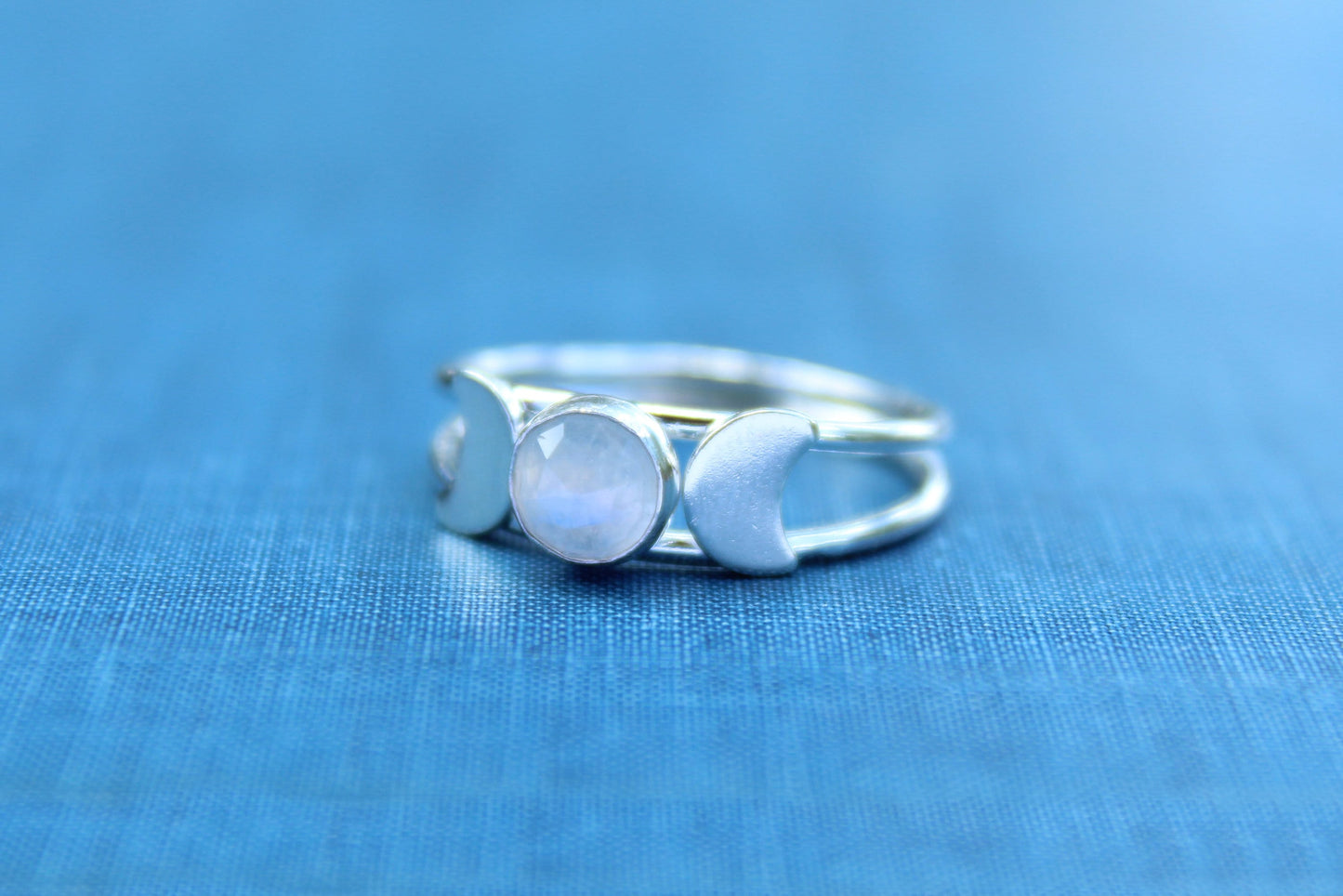 Sterling Silver Double Band Rainbow Moonstone Triple Goddess Ring