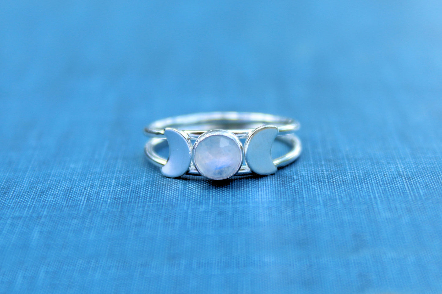 Sterling Silver Double Band Rainbow Moonstone Triple Goddess Ring