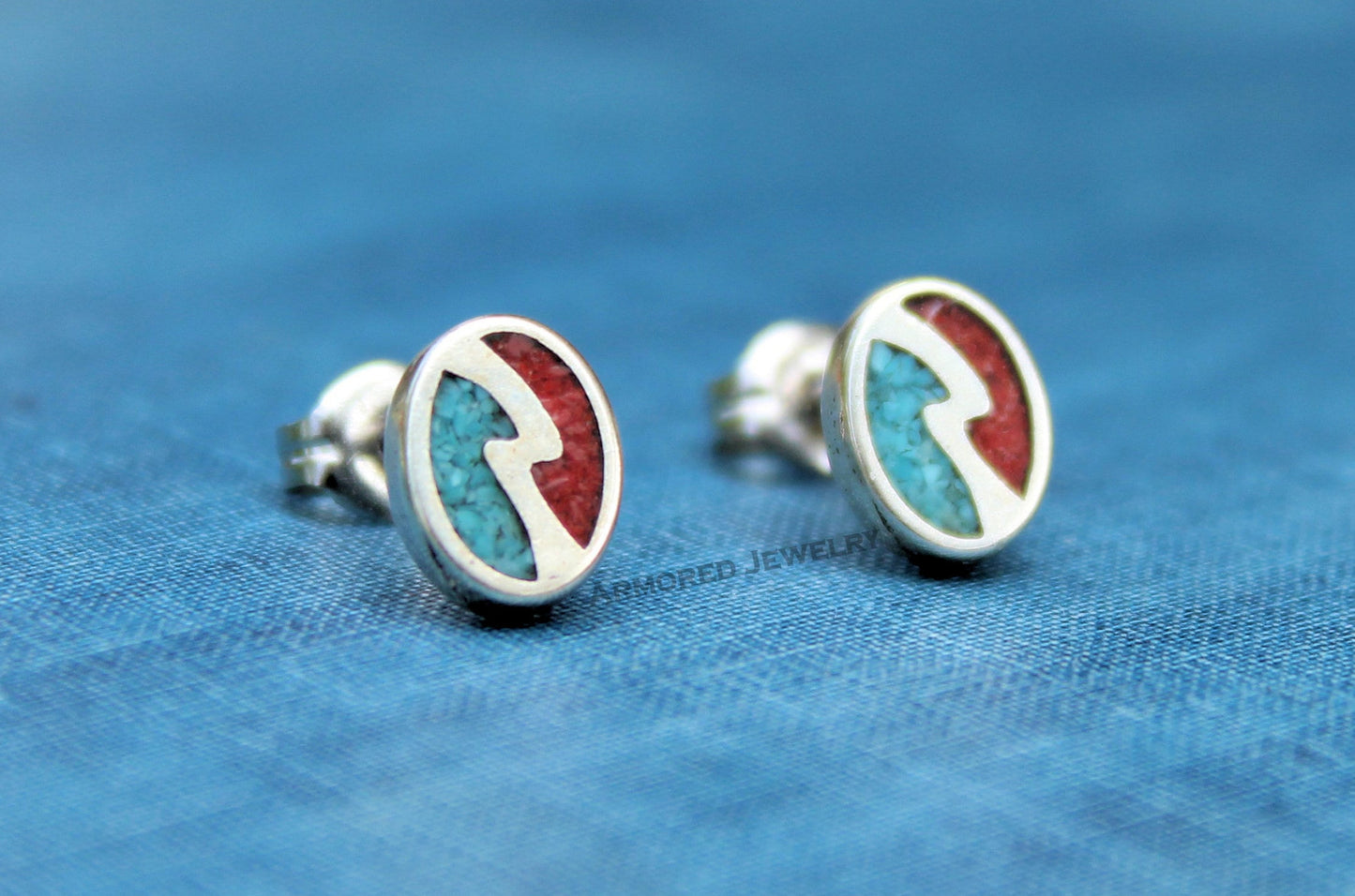 Sterling Silver Turquoise Coral Inlay Earrings