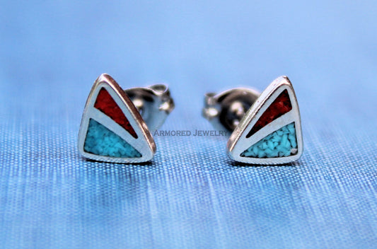 Sterling Silver Triangle Turquoise Coral Inlay Earrings