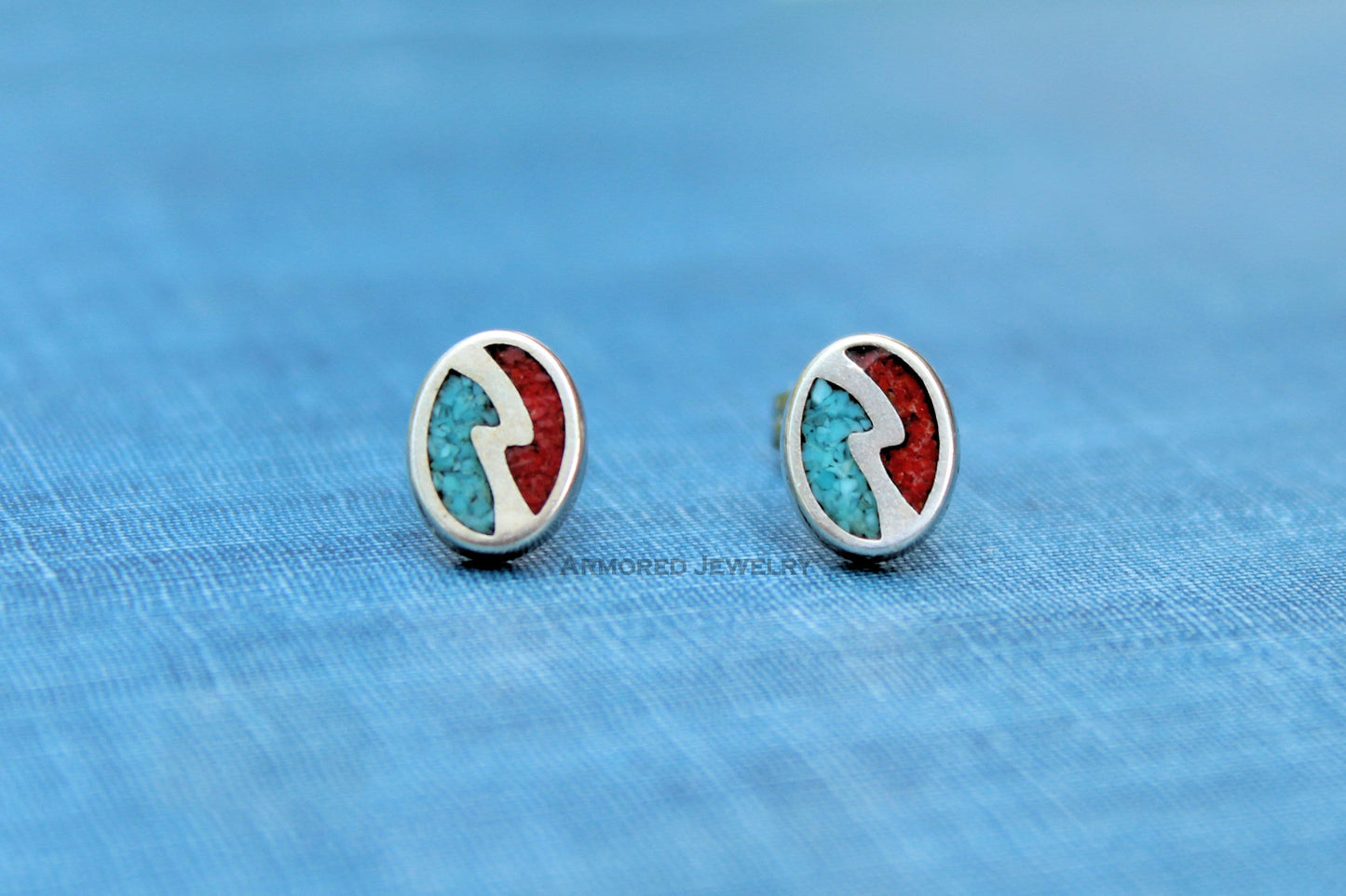 Sterling Silver Turquoise Coral Inlay Earrings