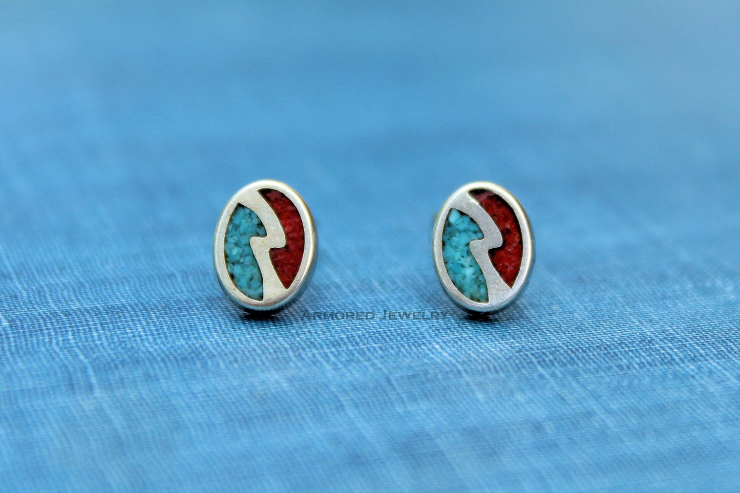 Sterling Silver Turquoise Coral Inlay Earrings