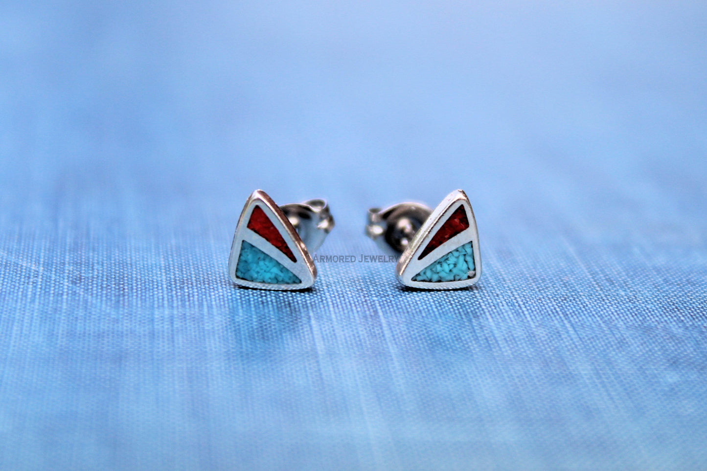 Sterling Silver Triangle Turquoise Coral Inlay Earrings