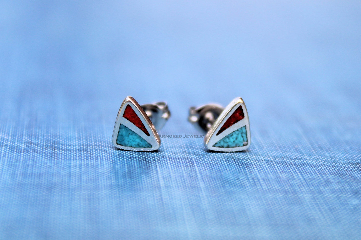 Sterling Silver Triangle Turquoise Coral Inlay Earrings