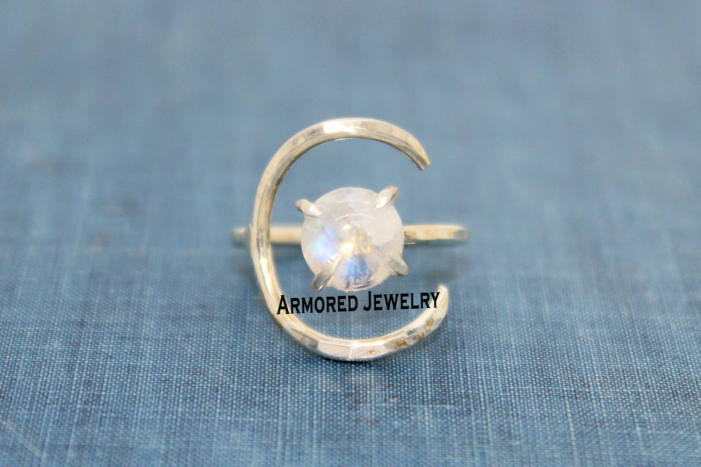 Sterling Silver Crescent Moon Rainbow Moonstone Ring