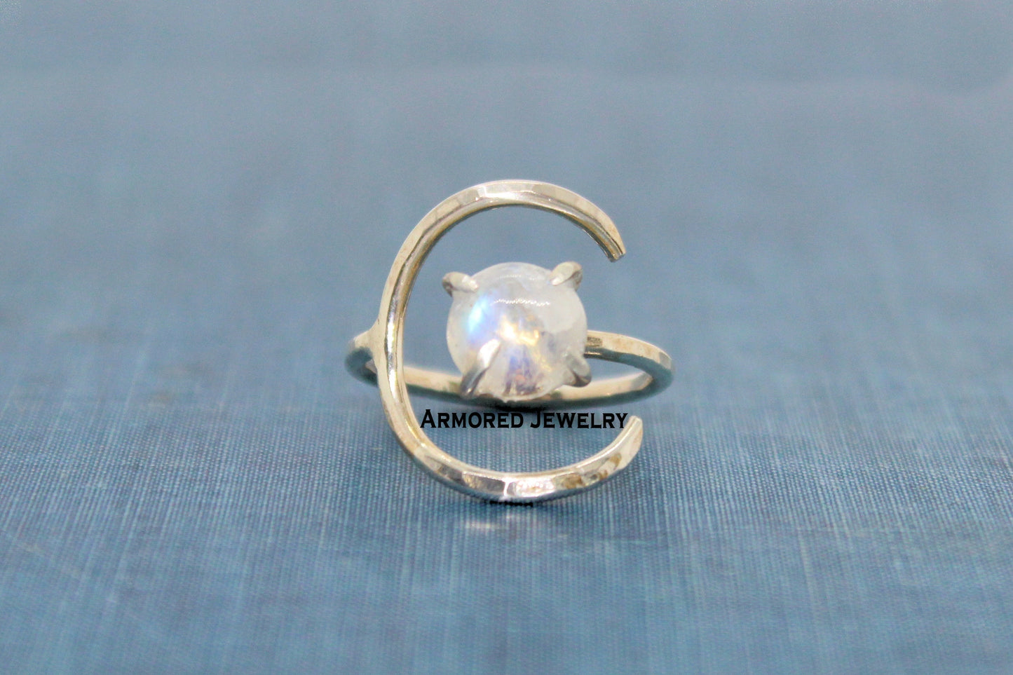 Sterling Silver Crescent Moon Rainbow Moonstone Ring