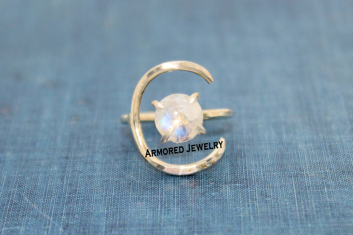 Sterling Silver Crescent Moon Rainbow Moonstone Ring