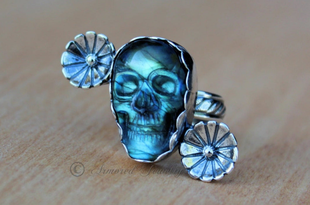 Sterling Silver Dia De Los Muertos Sugar Skull Labradorite Flower Ring