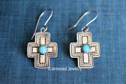 Sterling Silver Southwestern Cross Turquoise Earrings