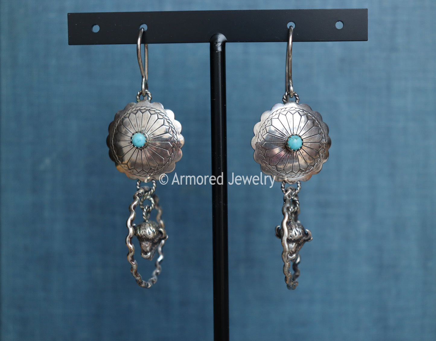 Sterling Silver Concho Buffalo Turquoise Earrings