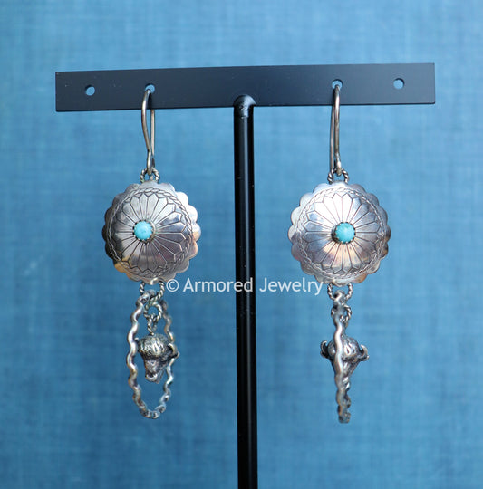 Sterling Silver Concho Buffalo Turquoise Earrings