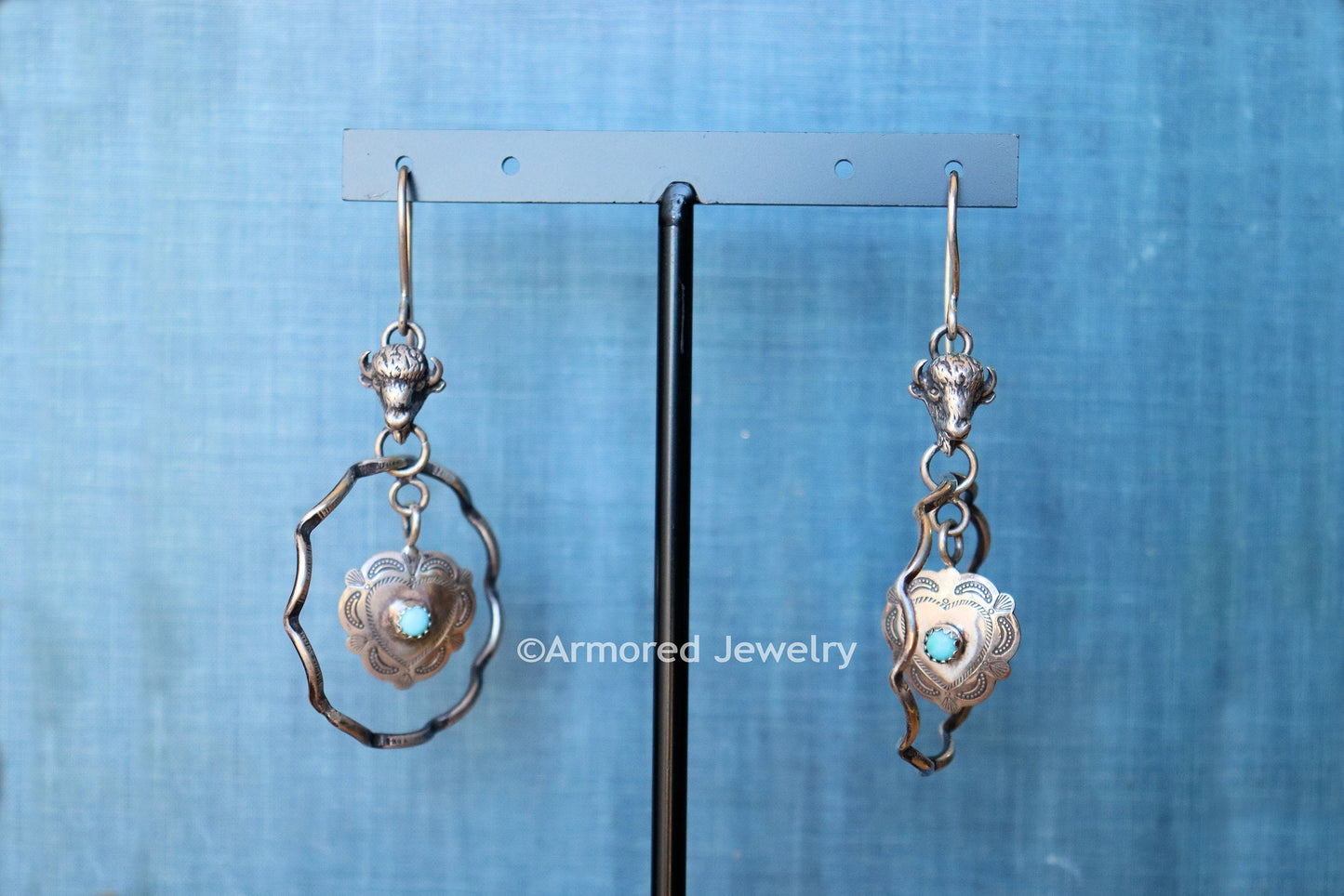 Sterling Silver Heart Concho Buffalo Turquoise Earrings