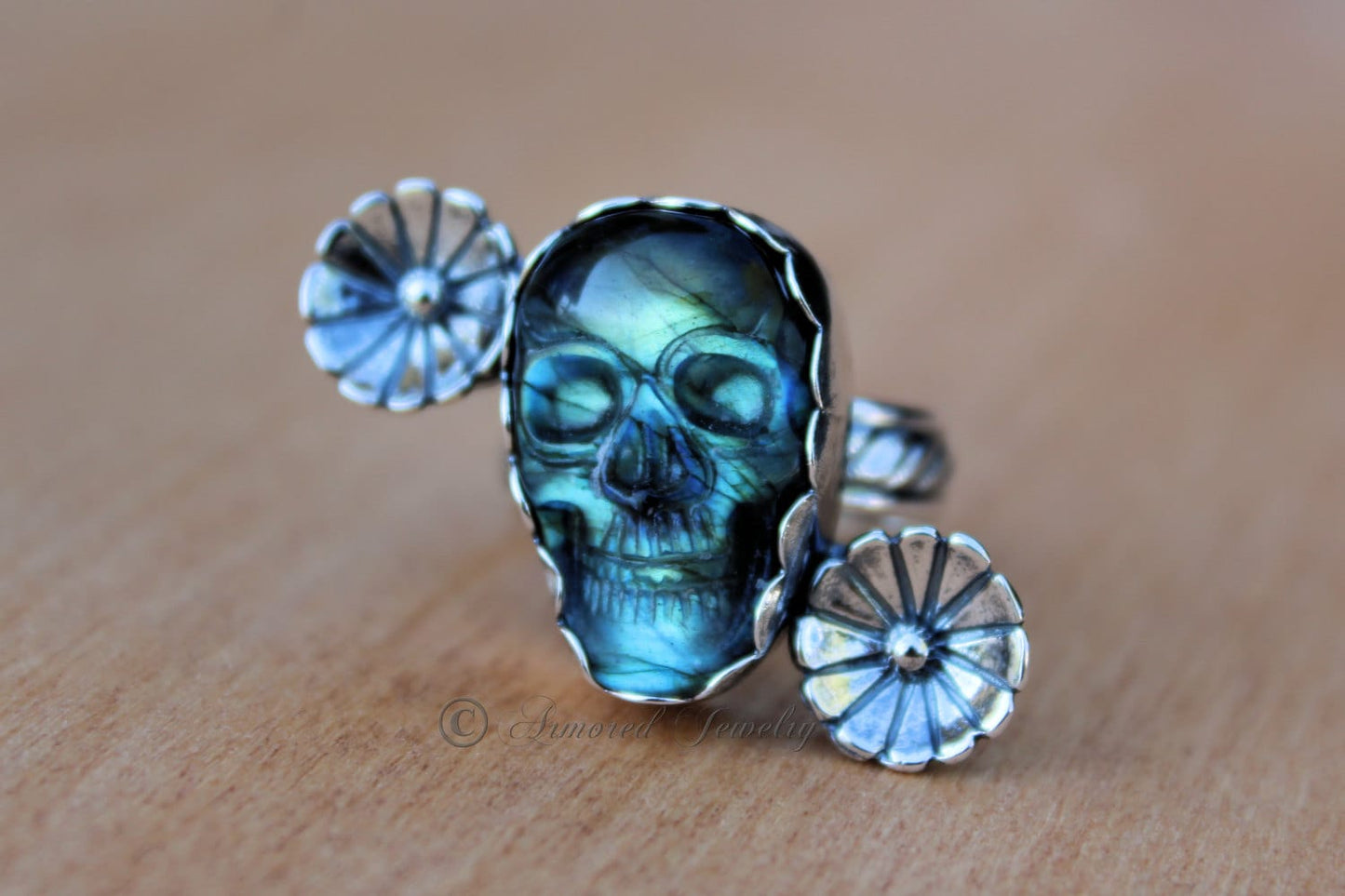 Sterling Silver Dia De Los Muertos Sugar Skull Labradorite Flower Ring