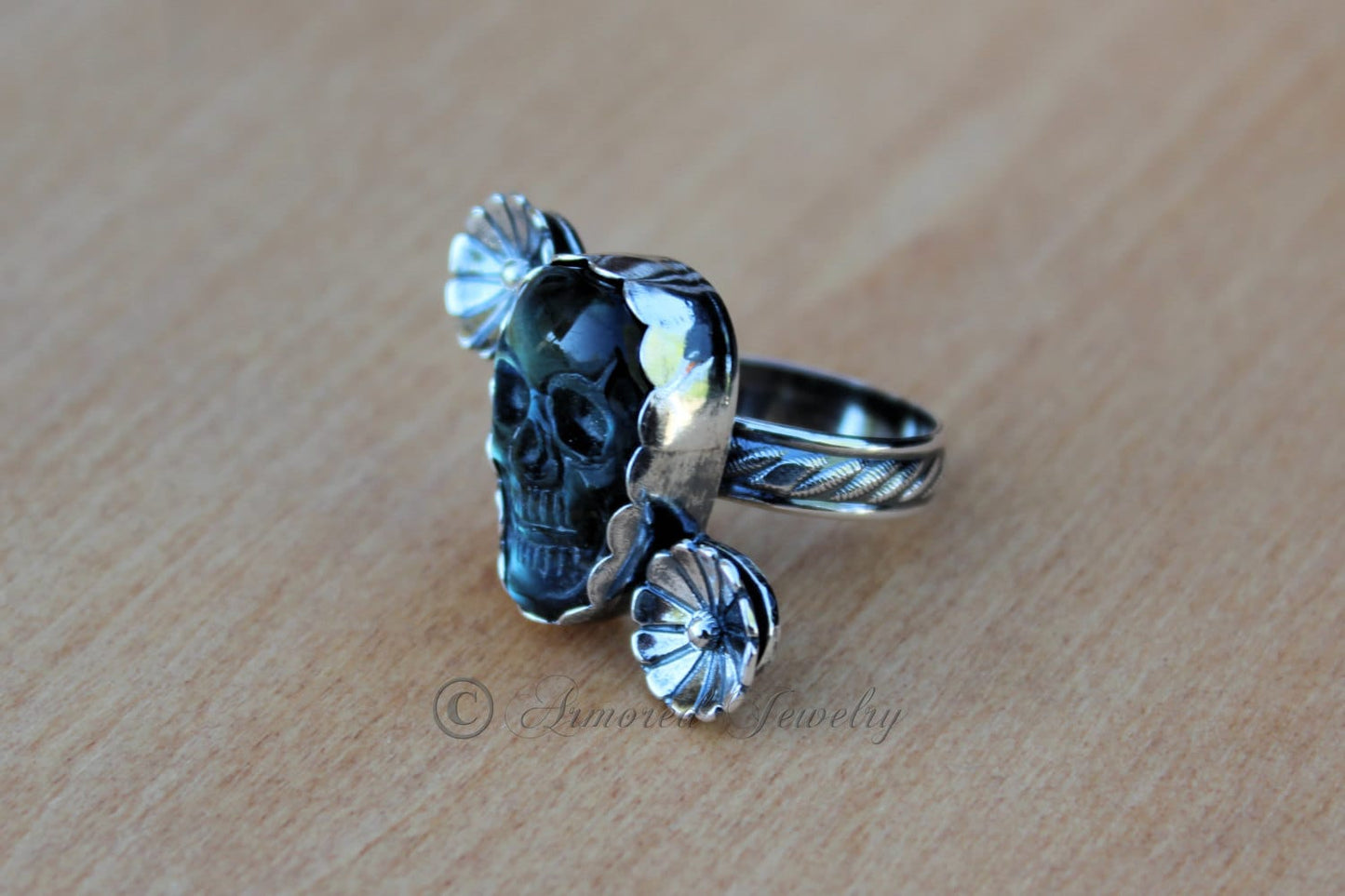 Sterling Silver Dia De Los Muertos Sugar Skull Labradorite Flower Ring