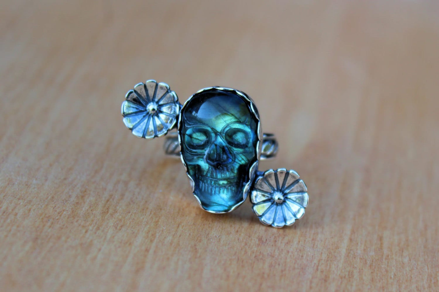 Sterling Silver Dia De Los Muertos Sugar Skull Labradorite Flower Ring