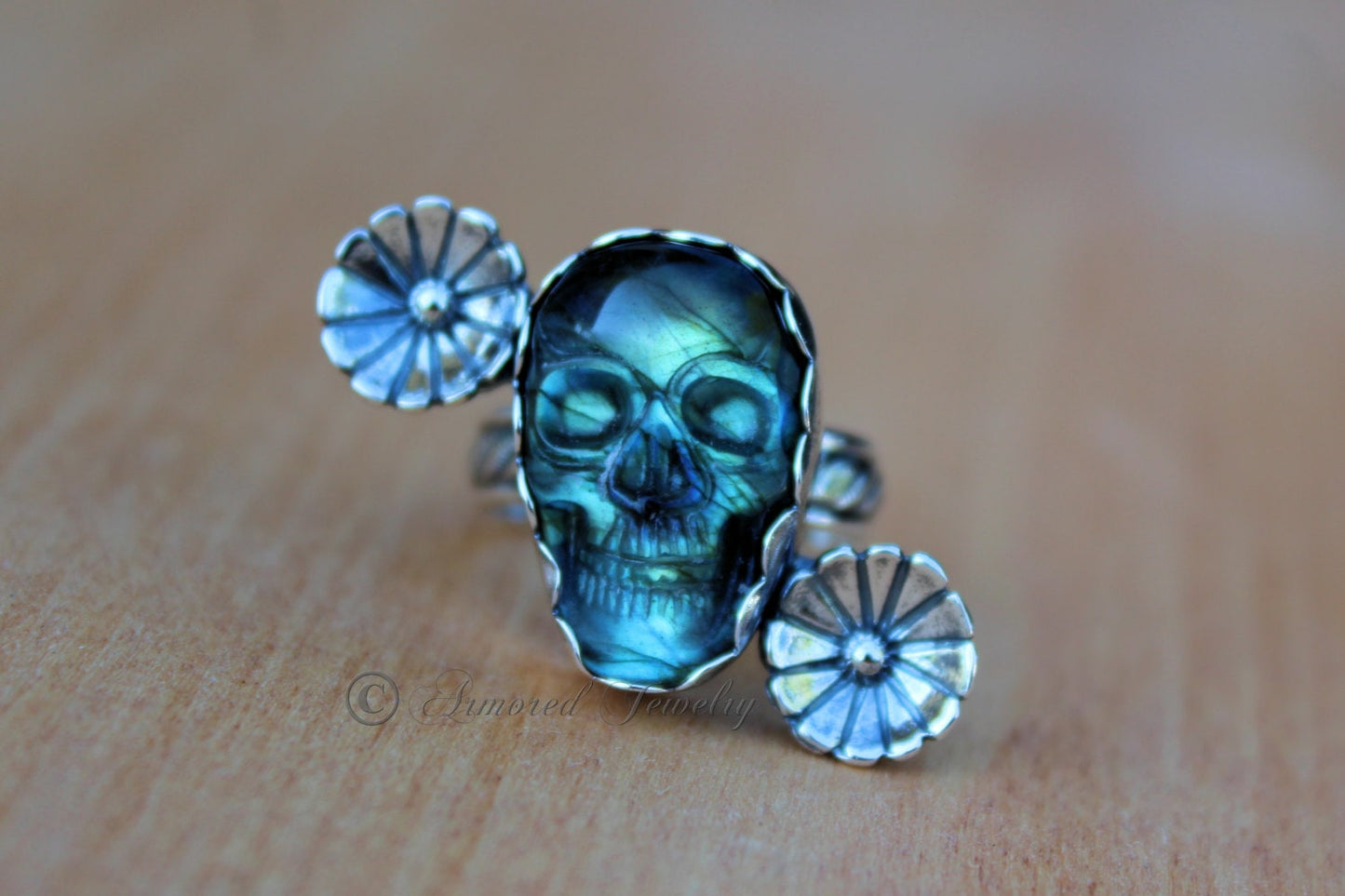 Sterling Silver Dia De Los Muertos Sugar Skull Labradorite Flower Ring